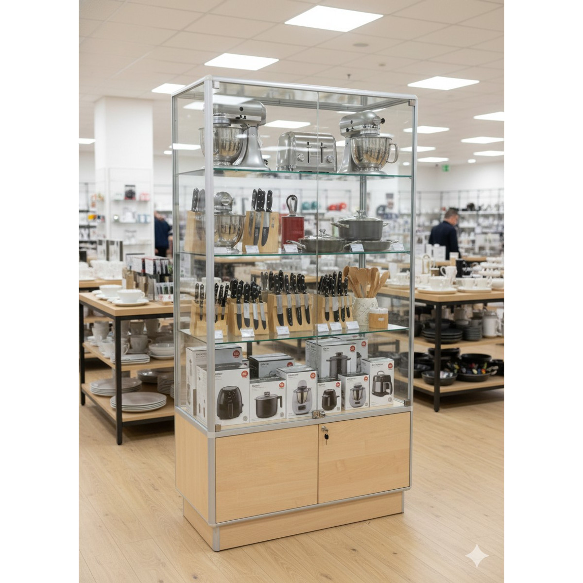 Image of Alumínium keretes üveg vitrin tárolóval, 1000x450x1900 mm, görgővel vagy lábazattal, világítással