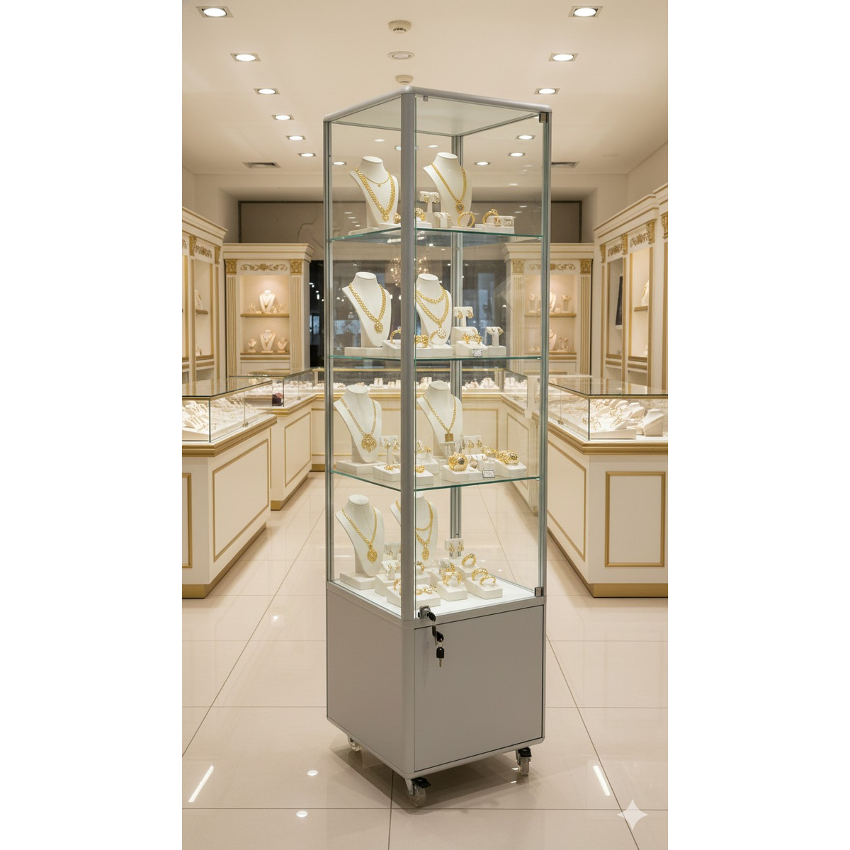 Image of Alumínium keretes gurulós és tárolós vitrin, 500x500x1900 mm, lábazattal vagy kerékkel, világítással