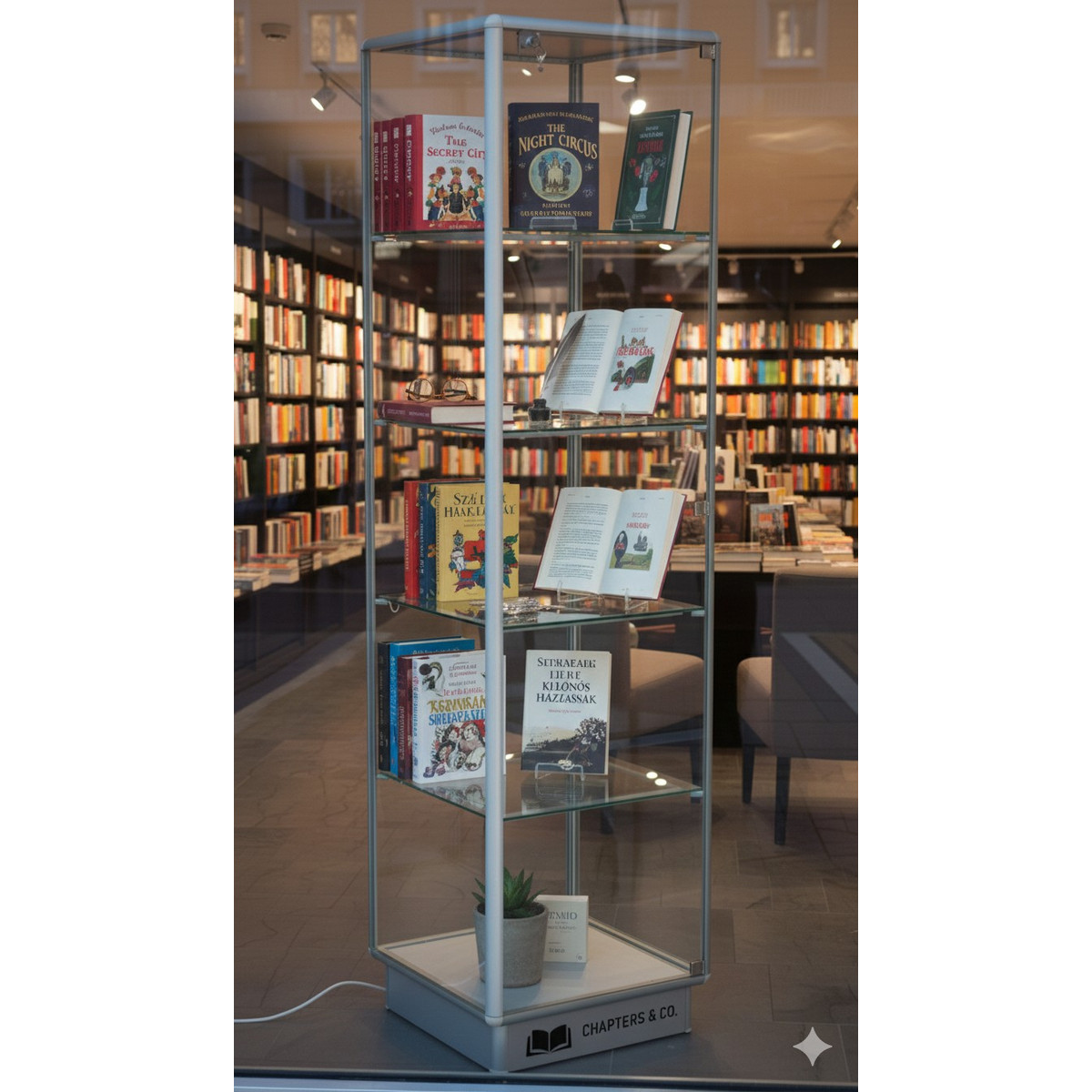 Image of Alumínium keretes üveg vitrin, 500x500x1900 mm, lábazattal vagy kerékkel