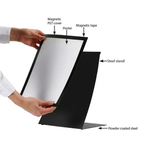 A4 méretű ÁLLÓ laptok tartó, fém talpazat, mágneses előlap résszel, FEKETE, döntött és ívelt