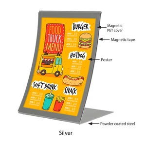 A4 méretű ÁLLÓ laptok tartó, fém talpazat, mágneses előlap résszel, SZÜRKE, döntött és ívelt