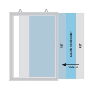 Plakátkeret, kétoldalas, becsúsztatható ÁLLÓ poszter hellyel, A4 méret, függeszthető