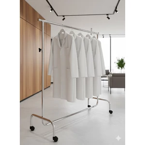 Ruhatartó sztender, állítható magasságú, szorítócsavaros, 50 mm bútorgörgővel (hossz: 1400mm)