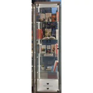 Alumínium keretes vitrin, 500x500x1900 mm - oszlop világítással, Fehér kerekített bútorlap alj és tető