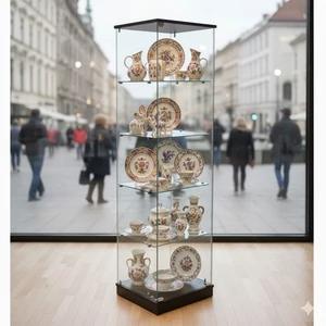 Nyílóajtós, keret nélküli, álló vitrin EDZETT ÜVEGBŐL, 1795 x 492 x 446 mm, FEKETE