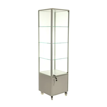 Alumínium keretes gurulós és tárolós vitrin, 500x500x1950 mm, lábazattal vagy kerékkel, világítással