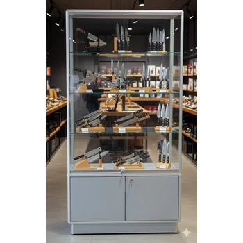 Alumínium keretes üveg vitrin tárolóval, 1000x500x1900 mm, lábazattal vagy kerékkel