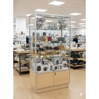 Alumínium keretes üveg vitrin tárolóval, 1000x450x1900 mm, görgővel vagy lábazattal, világítással