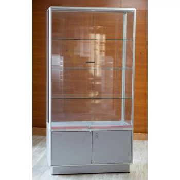 Alumínium keretes üveg vitrin tárolóval, 1000x500x1950 mm, lábazattal vagy kerékkel