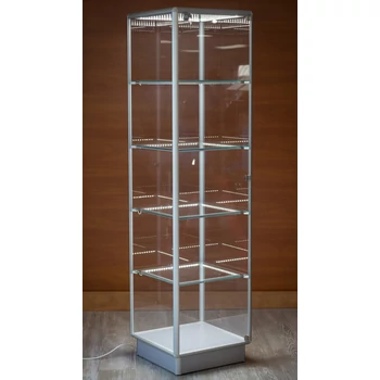 Alumínium keretes üveg vitrin, 500x500x1900 mm, lábazattal vagy kerékkel, világítással
