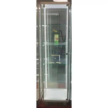 Alumínium keretes vitrin, 500x500x1900 mm - polconkénti világítással, Fehér kerekített bútorlap alj és tető