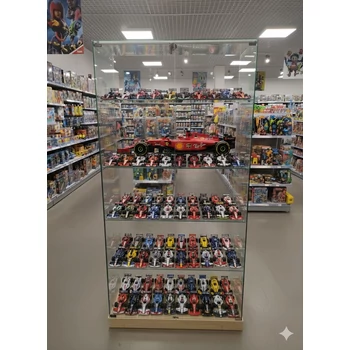 Nyílóajtós, keret nélküli, álló vitrin EDZETT ÜVEGBŐL, ÜVEGTETŐVEL - JUHAR színű lábazattal, 1790 x 932 x 446 mm