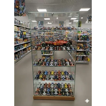 Nyílóajtós, keret nélküli, álló vitrin EDZETT ÜVEGBŐL, ÜVEGTETŐVEL - ROVER TÖLGY színű lábazattal, 1790 x 932 x 446 mm