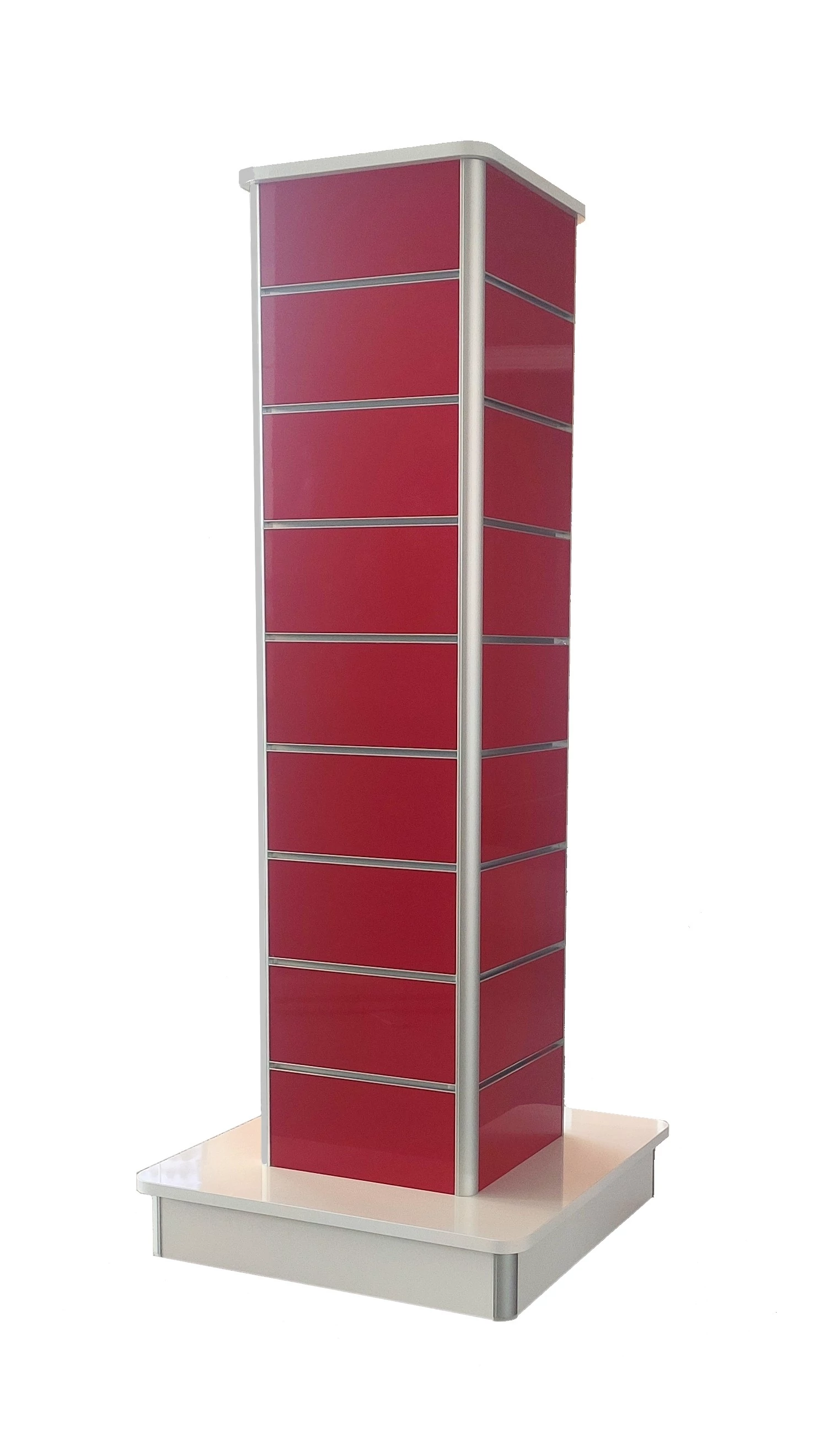 Hasáb gondola alusínes panelből 1480 x 340 x 340 mm MAGASFÉNYŰ PIROS és MAGASFÉNYŰ FEHÉR 15 cm osztás, kerekített lábazat és tető