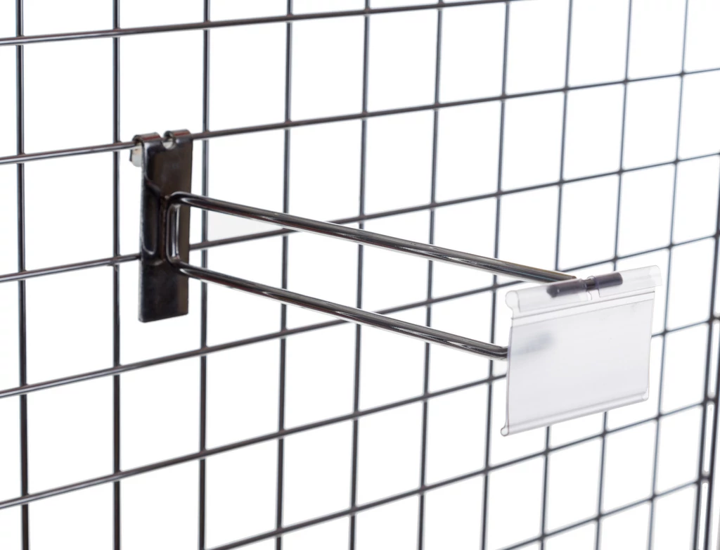 Árjelzős szimpla kampó RÁCSRA, 40 x 80 mm-es, PLEXI címketartóval, 150 mm, KRÓMOZOTT