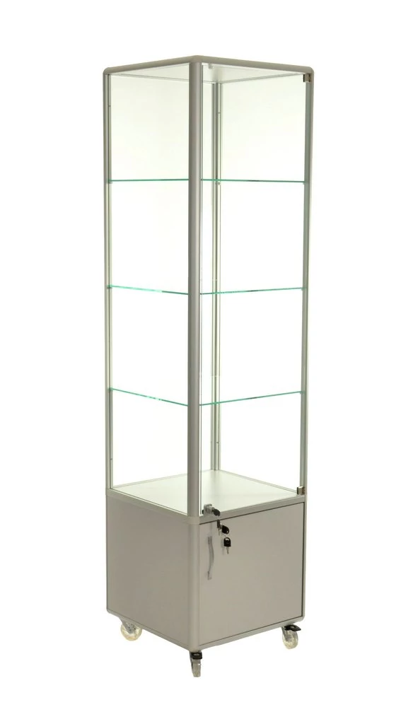Alumínium keretes gurulós és tárolós vitrin, 500x500x1950 mm, lábazattal vagy kerékkel, világítással