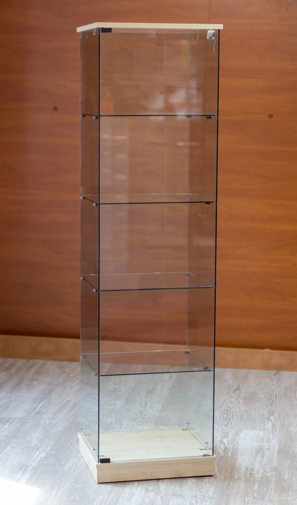 Nyílóajtós, keret nélküli, álló vitrin EDZETT ÜVEGBŐL, 492 mm Juhar